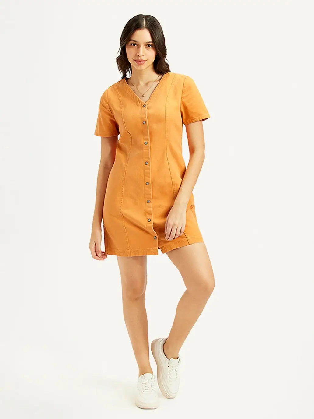 WOMEN'S SOLID ORANGE V-NECK DRESS
