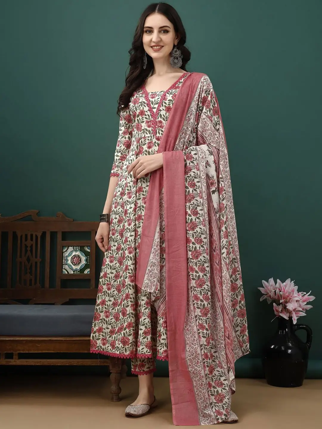 Floral Printed Pure Cotton Anarkali Kurta With Trousers & Dupatta - 3