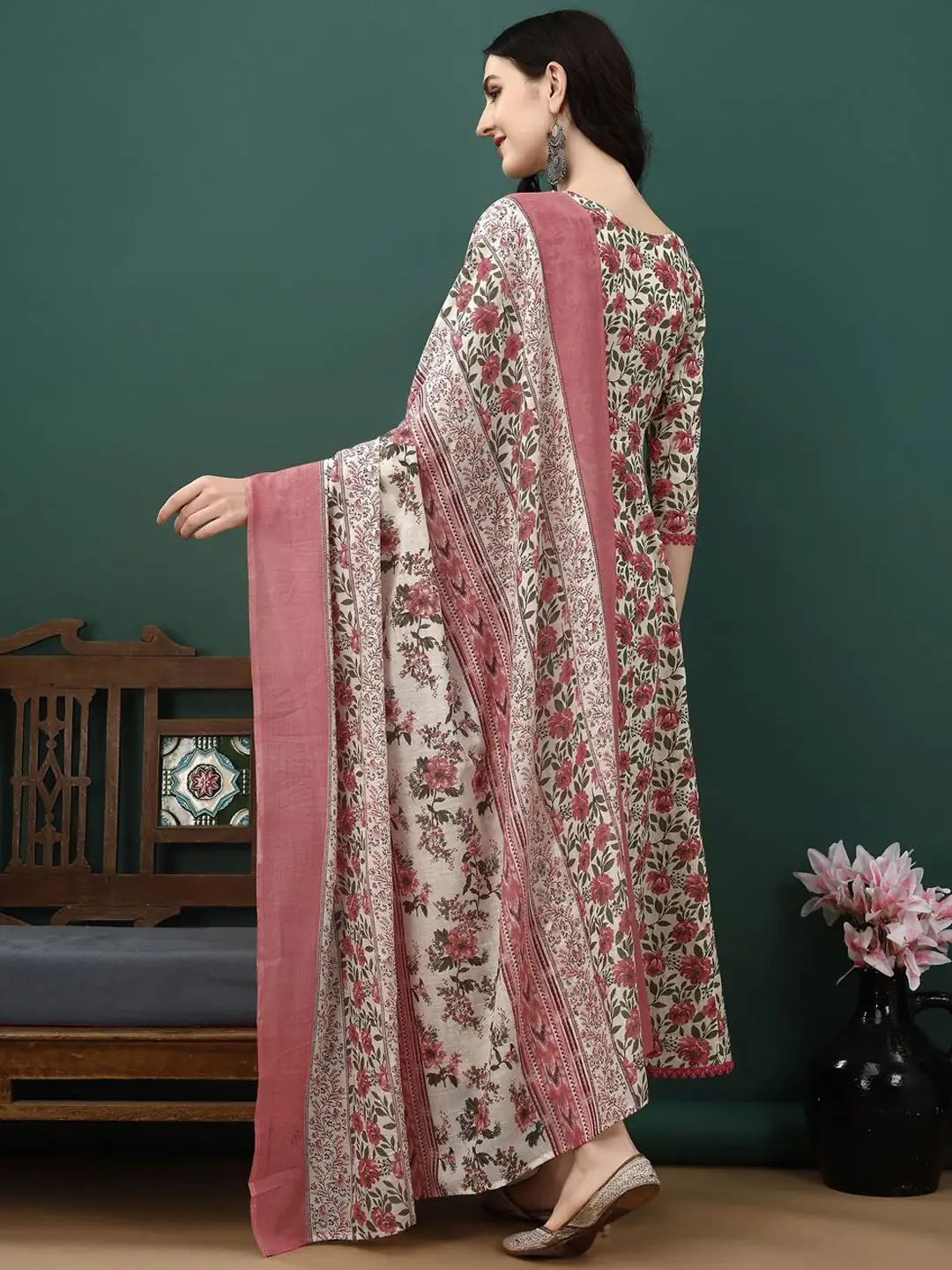 Floral Printed Pure Cotton Anarkali Kurta With Trousers & Dupatta - 2