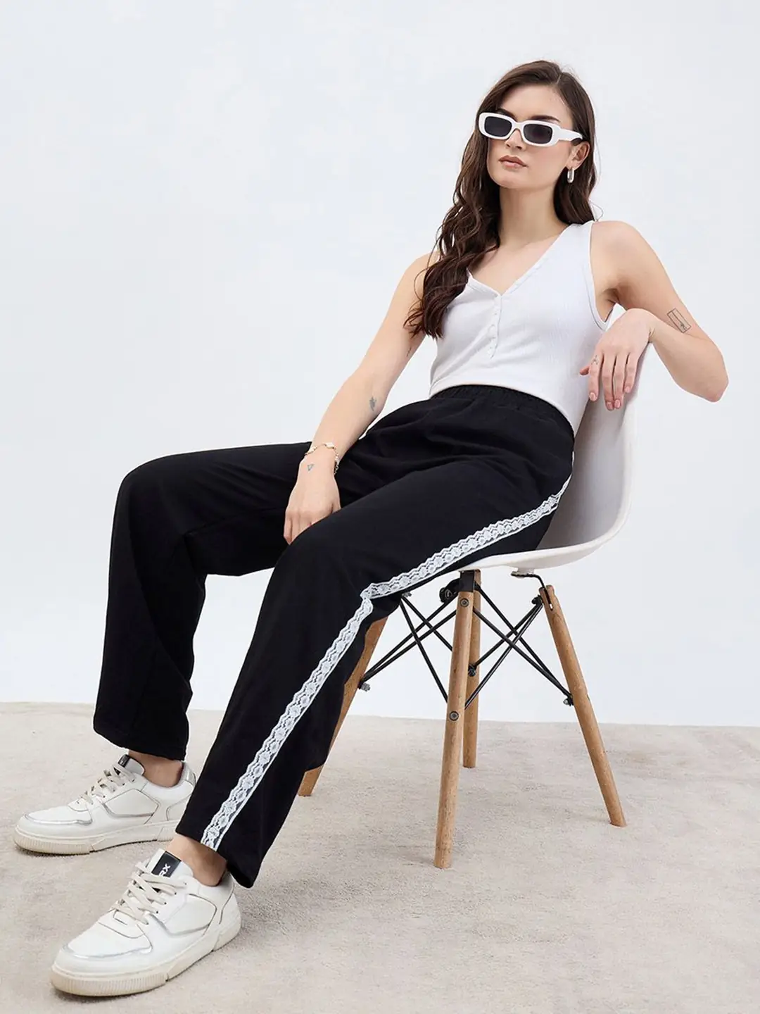 Styli Women Pure Cotton Wide Leg-Fit Casual Track Pant With Side Lace Insert Detail